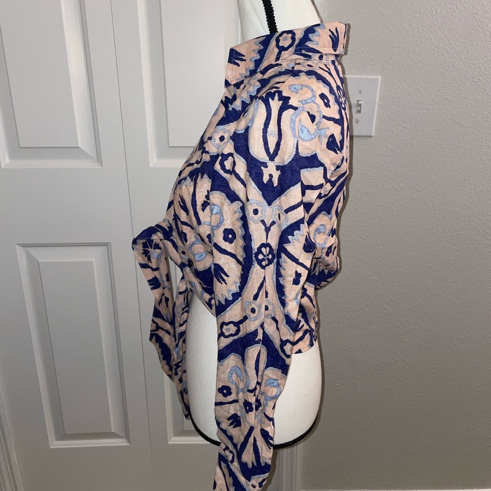 Christian Siriano Navy and Blush Button-Front Tie Blouse - Picture 2 of 4